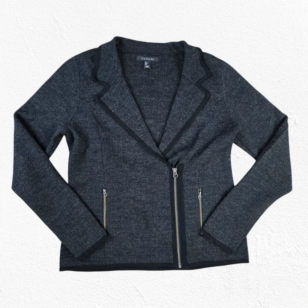 Tahari Gray Herringbone Asymmetrical Zip Wool Blend Moto Jacket Size Large